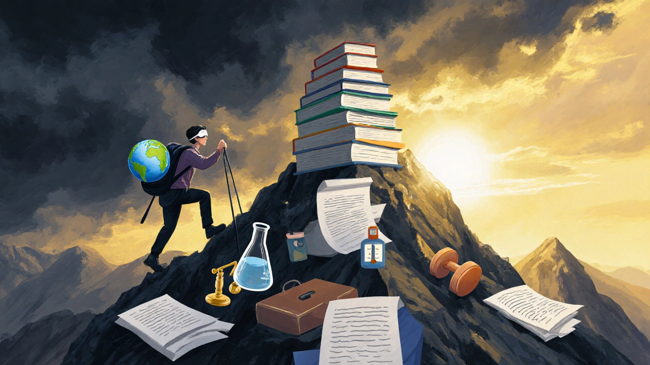 A person climbing a mountain of exam books, carrying study supplies toward a sunrise summit.