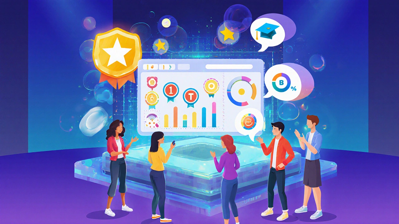 Animated learners earning badges and points around a holographic leaderboard.