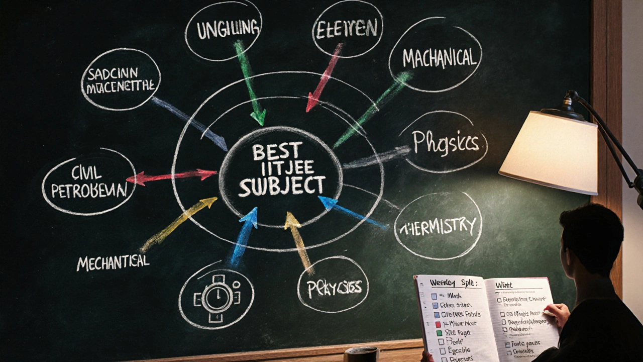 Blackboard roadmap linking engineering branches to Math, Physics, Chemistry with study plan.