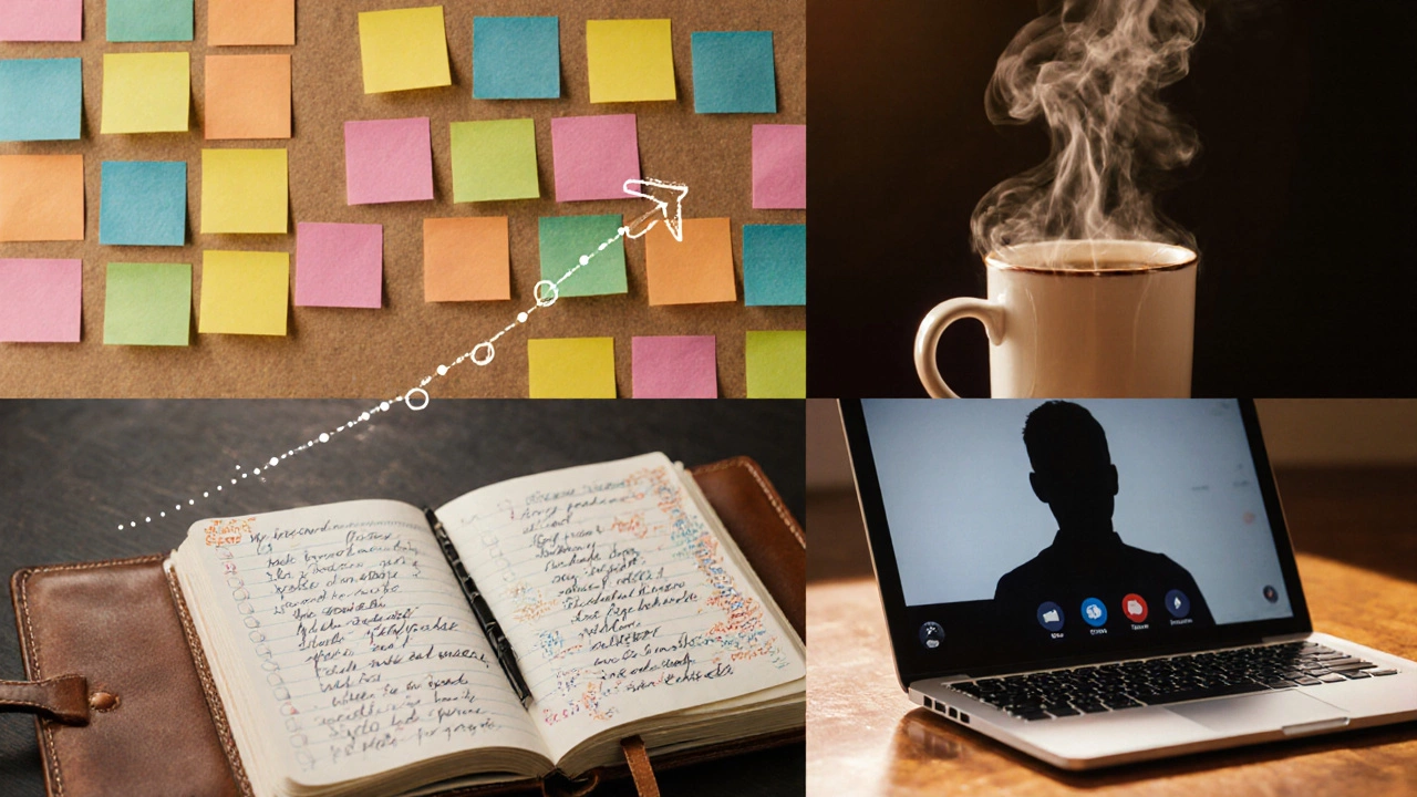 Collage of a 30‑day checklist, journal, coffee mug, and laptop indicating language progress.