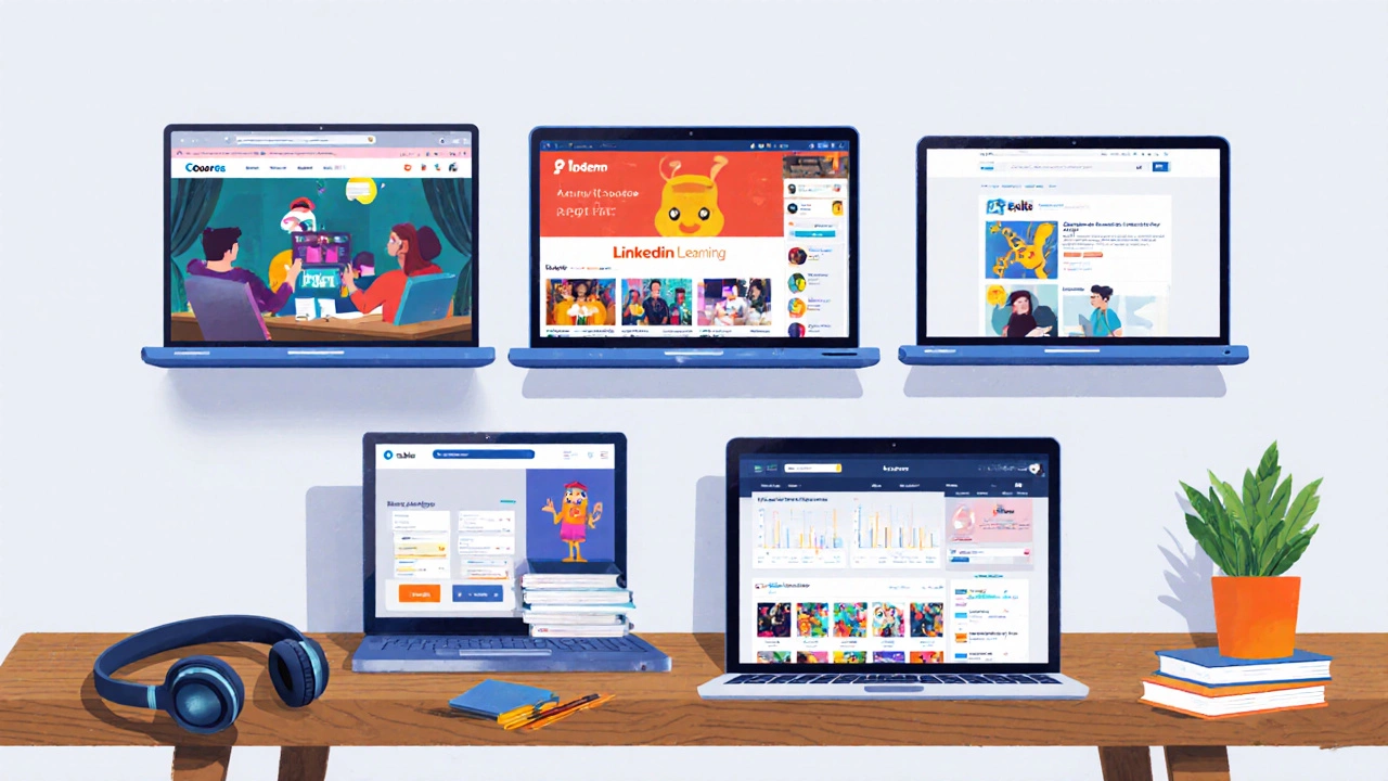 Collage of six device screens each displaying a different e‑learning platform style.