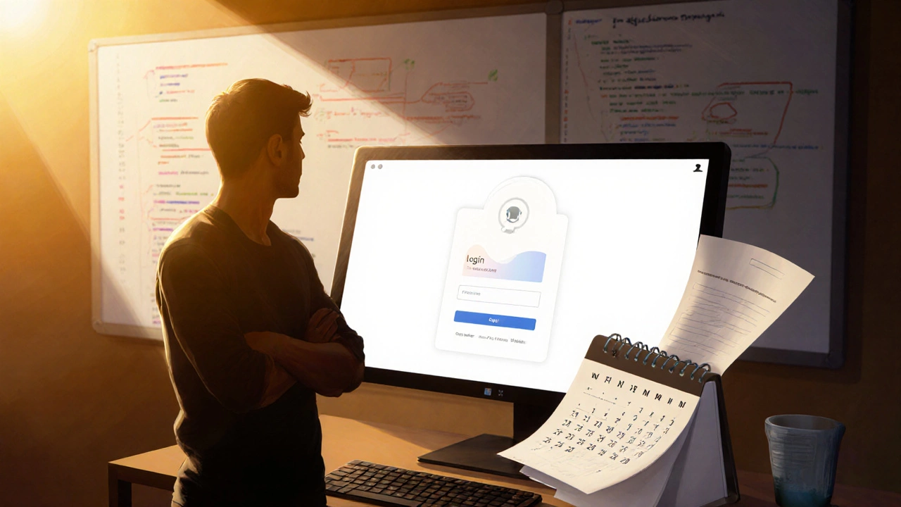 Digital painting of a programmer celebrating a finished web app with a progress bar and calendar.