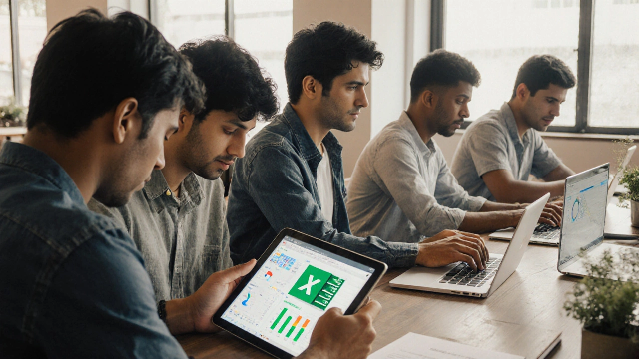 Diverse group working on digital skills in a shared workspace in India