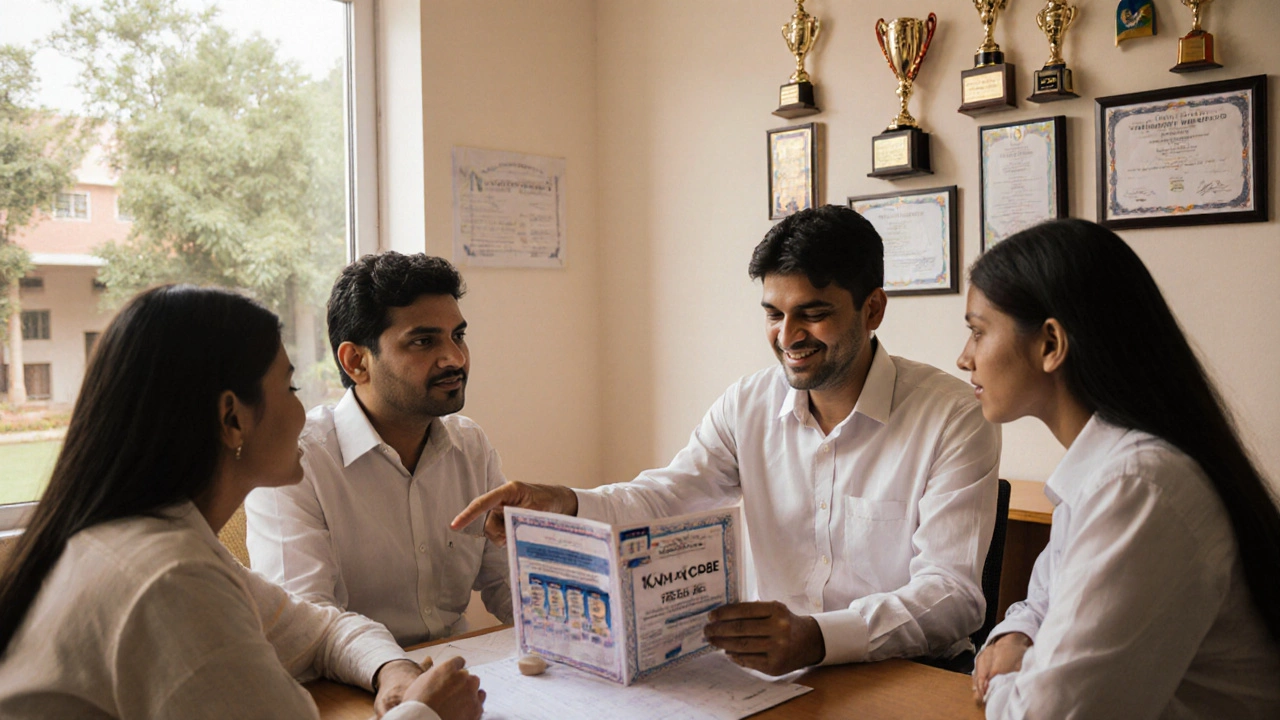 Family consulting a counselor in a DPS admissions office, deciding on a board.