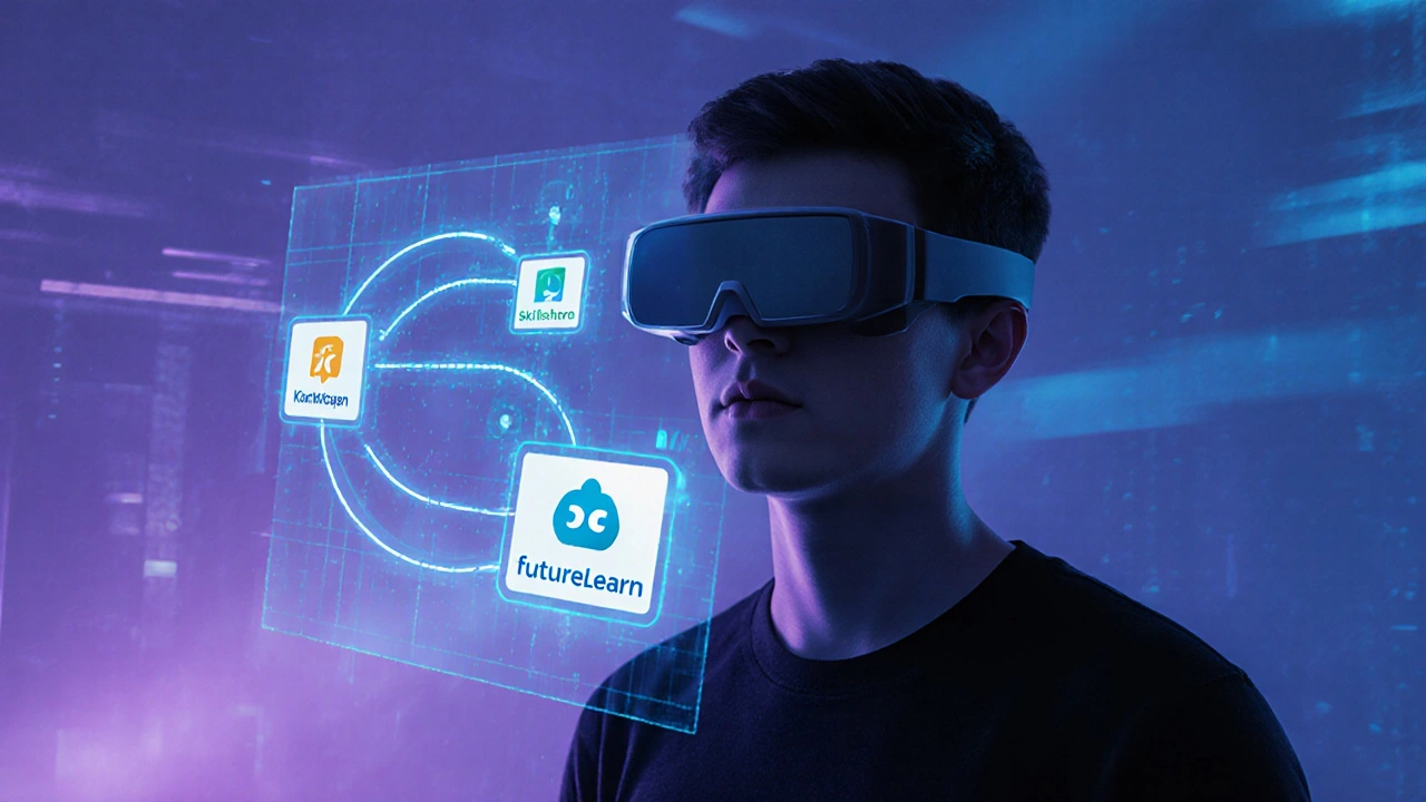 Futuristic AR learning experience with holographic course modules and AI guidance.