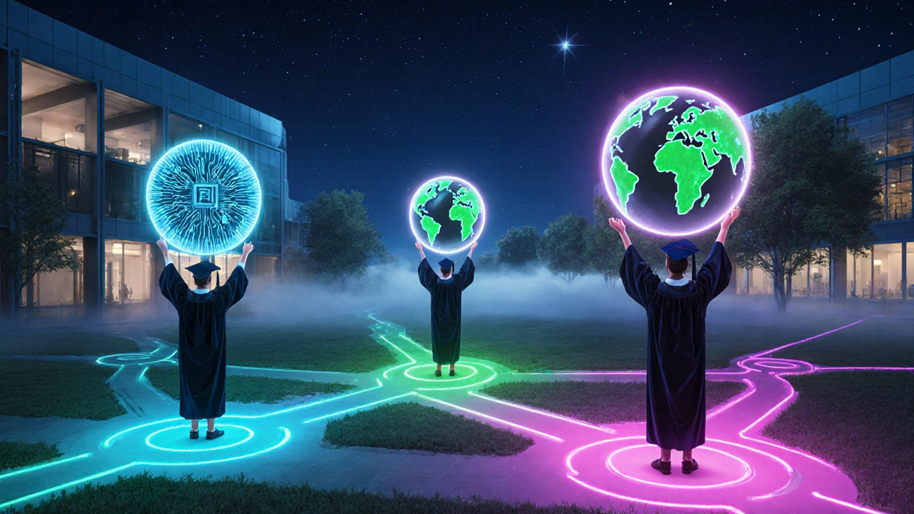 Graduates holding holographic AI and sustainability symbols in a futuristic courtyard.