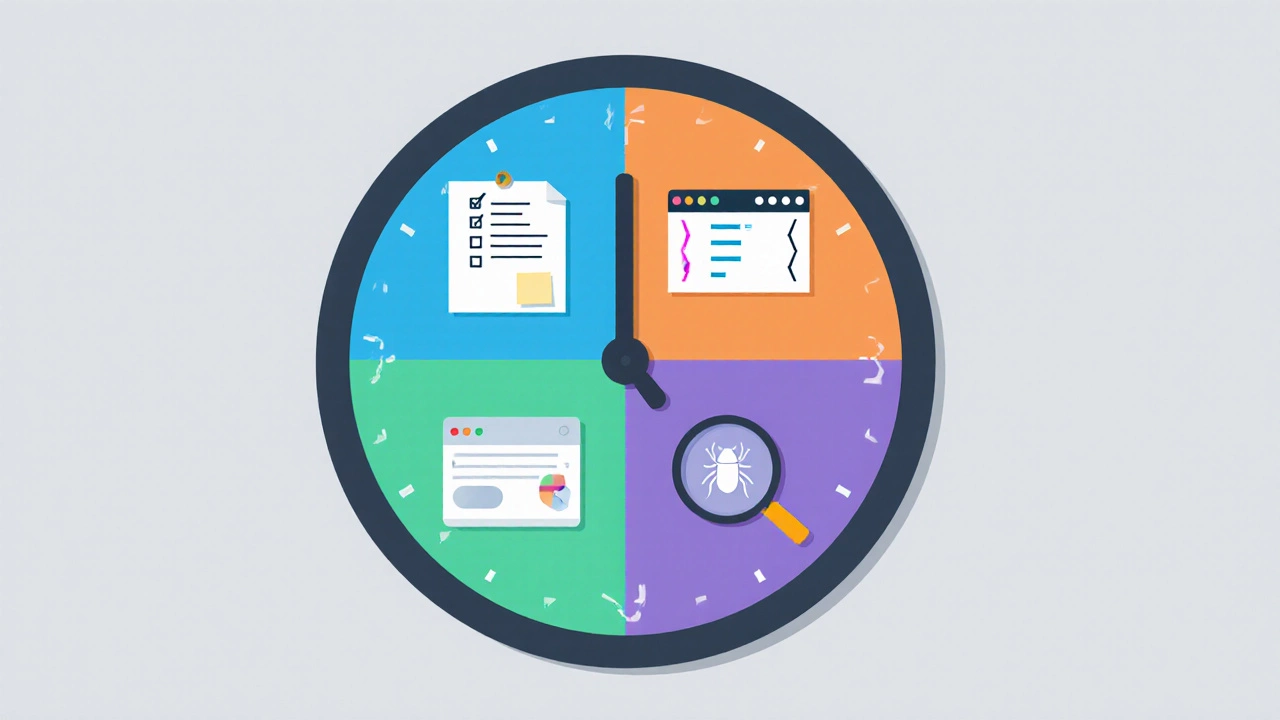 Illustrated clock split into four segments showing coding activities: review, practice, project, error check.