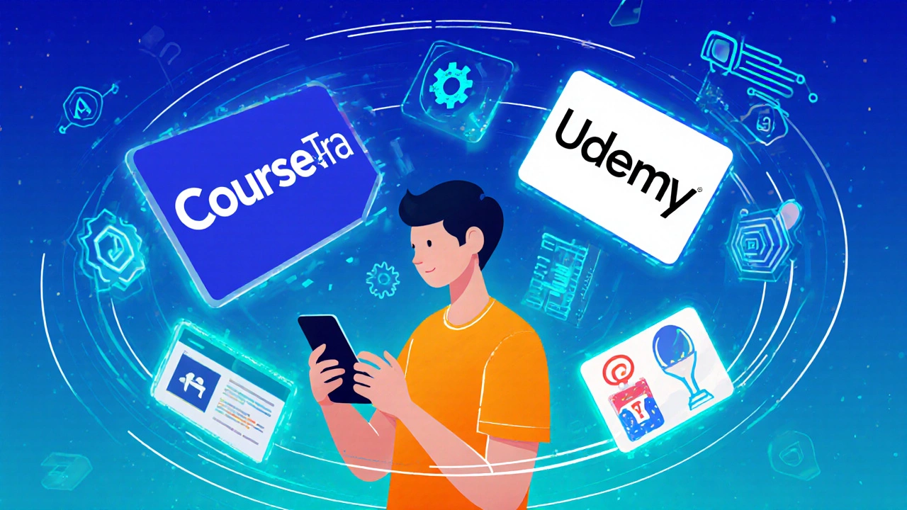 Illustrated scene of a student surrounded by Coursera university cards and Udemy marketplace icons.