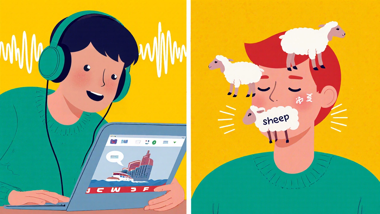 Illustration of speech shadowing and minimal‑pair pronunciation drills with sound visuals.