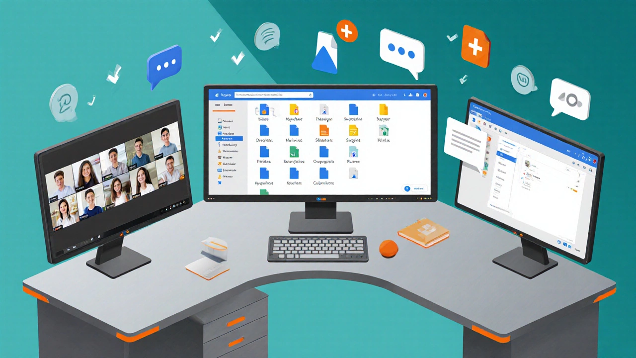 Isometric view of teacher's desk showing Google Meet, Drive folder, and Classroom assignment screen.