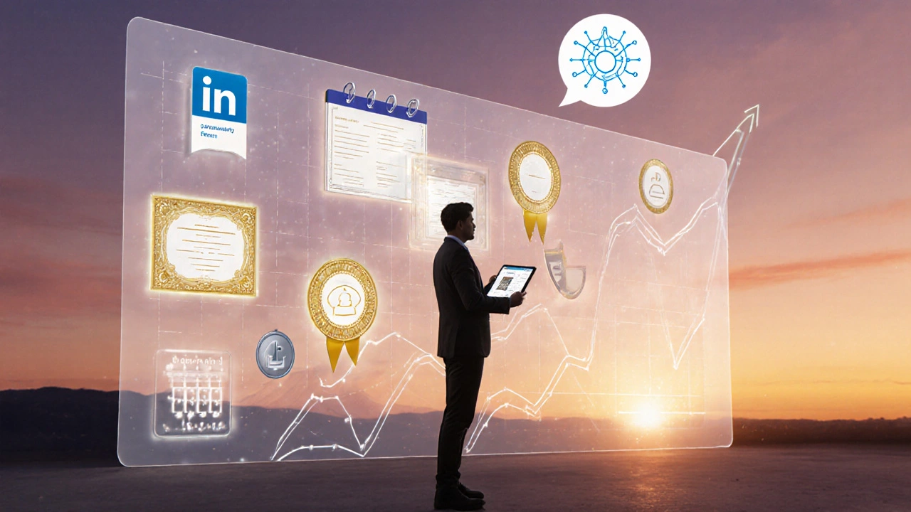 Learner surrounded by floating certificates, badges, and progress icons.