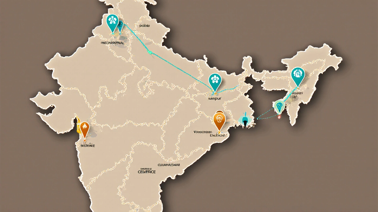 Map of India showing IIT locations with engineering branch icons.