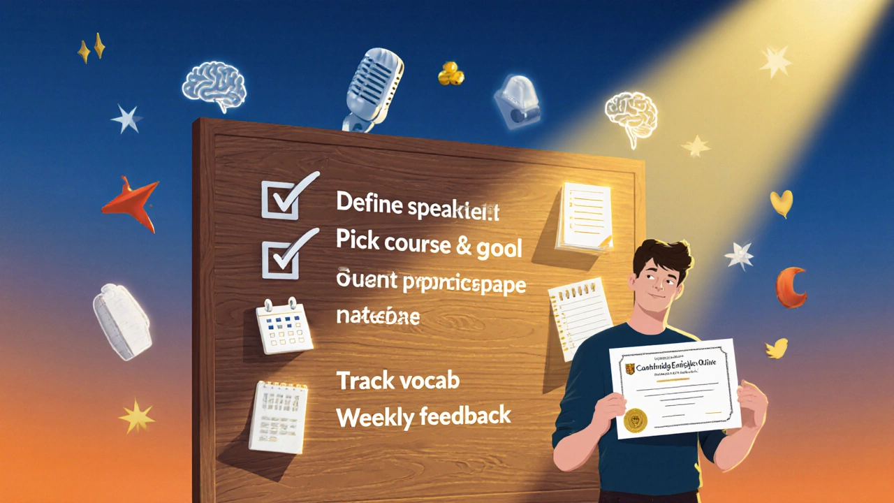 Progress wall with checklist items and a learner holding a language certificate.