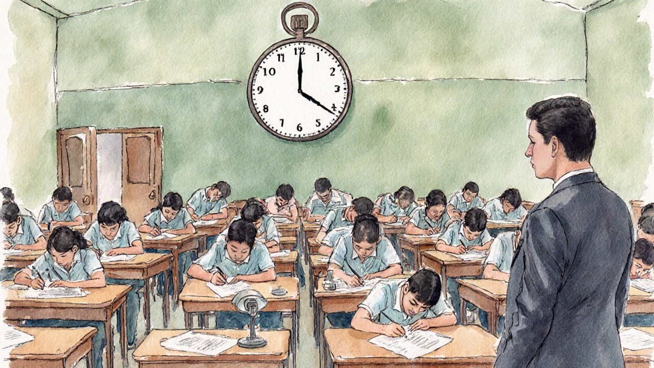 Punjab mock exam hall with students, desks, a clock, and an observing official.