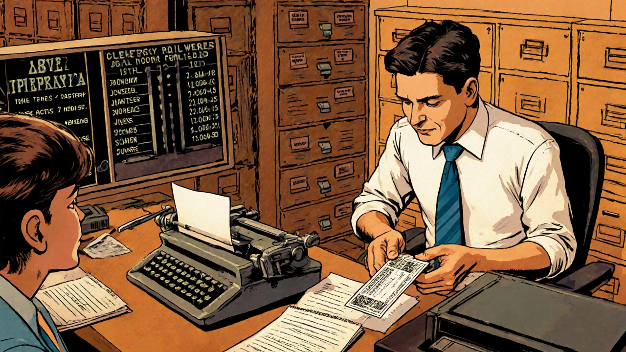 Railway clerk processing tickets in a busy station office.