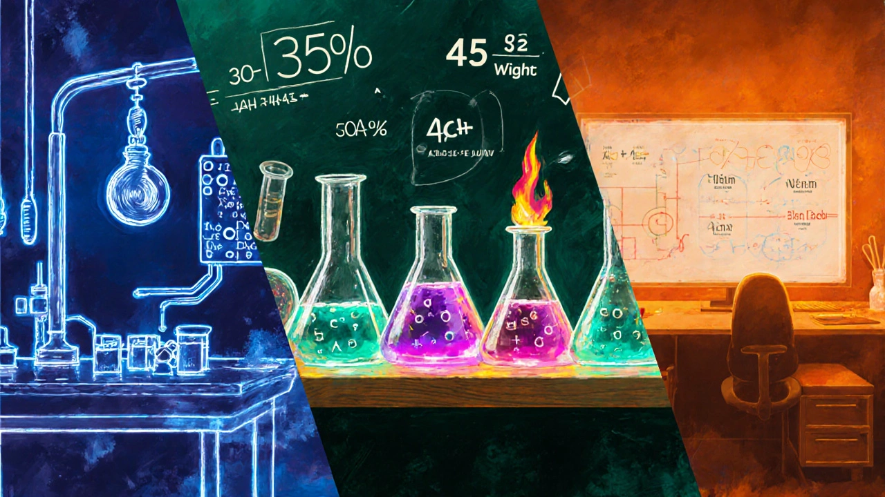 Split-screen art of physics lab, chemistry bench, and math equations with weight percentages.