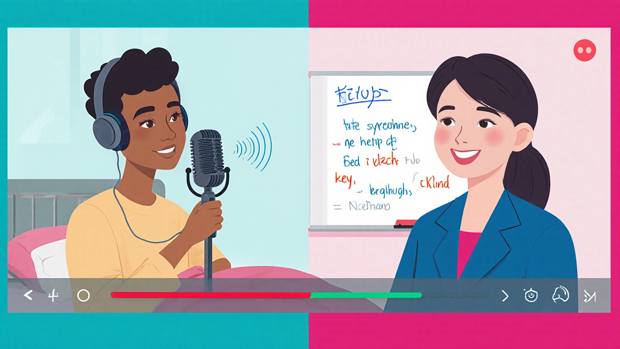 Split‑screen video call showing learner speaking and AI pronunciation feedback.