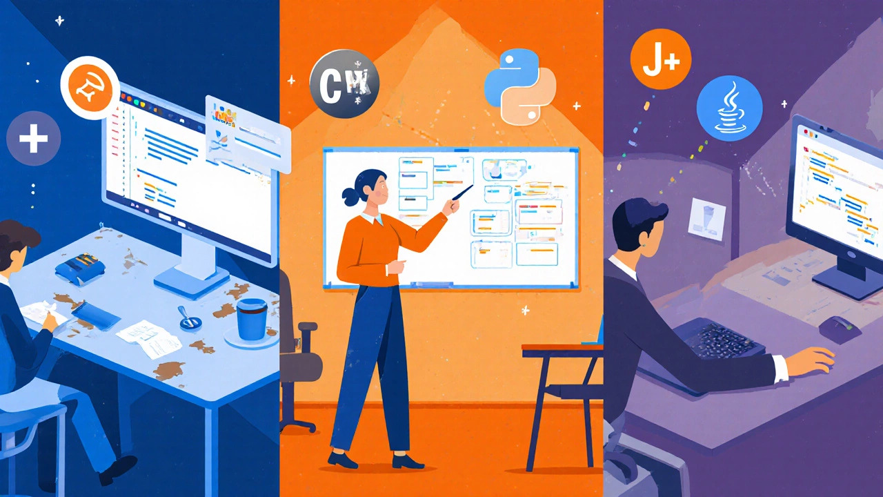 Split view of self‑paced platform, live bootcamp, and MOOC learning environments with language icons.