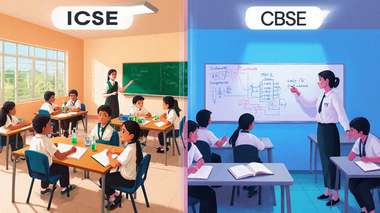 Split view showing an ICSE classroom with projects and a CBSE classroom with exam focus.