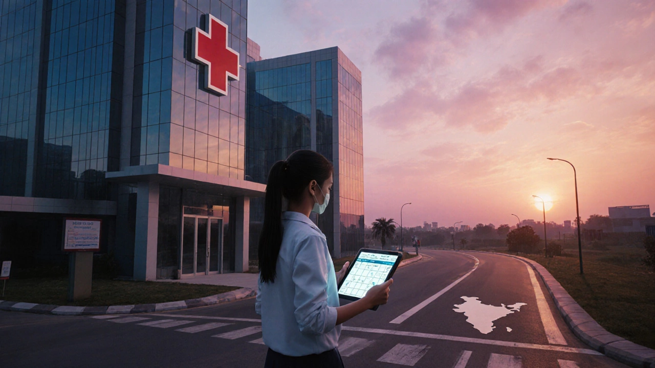 Student at sunrise crossroads before a futuristic medical college campus.
