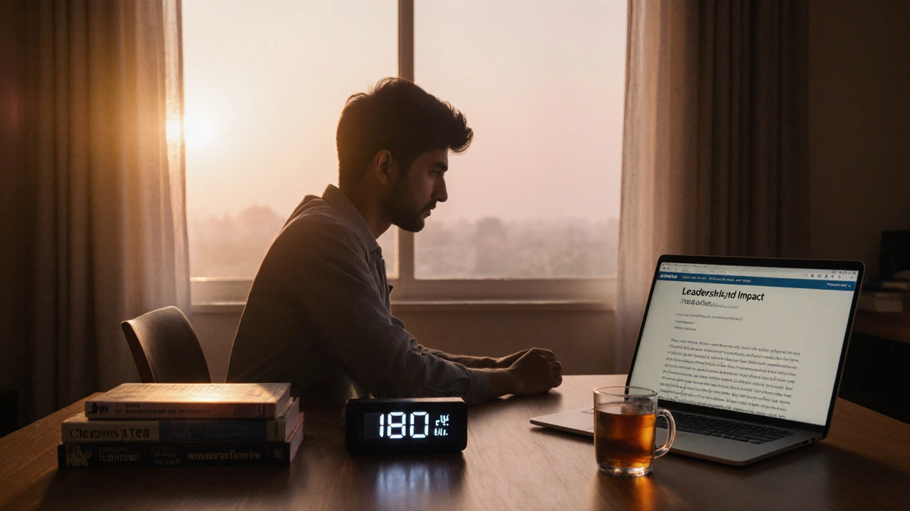 Student prepares for scholarship exams at dawn, with timer, practice books, and essay draft on the desk.