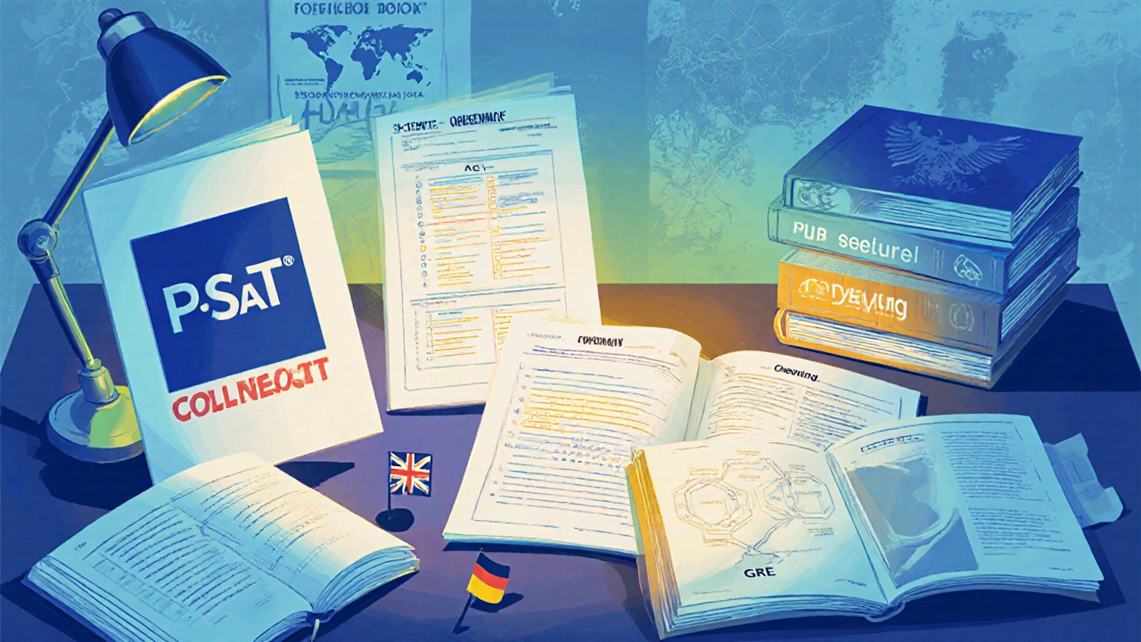 Study desk showing PSAT, SAT, ACT papers plus German, UK, and US exam materials for international scholarships.
