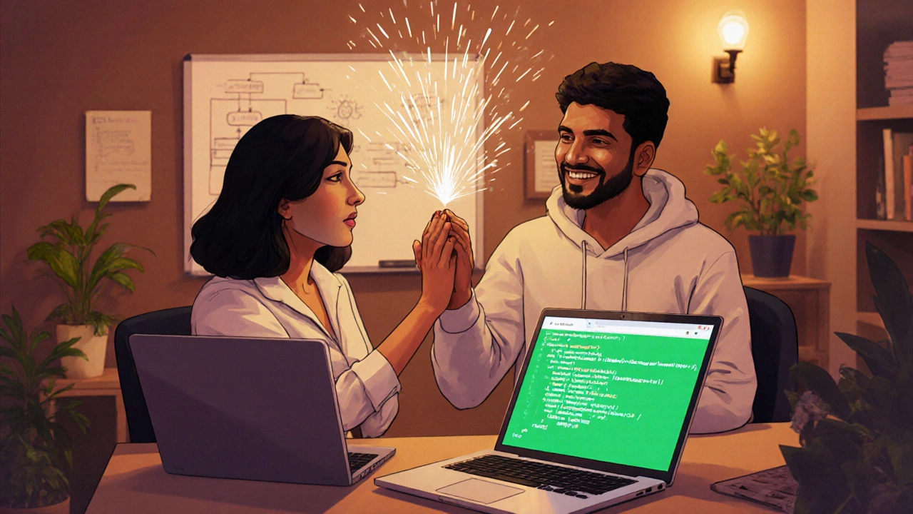 Two learners celebrating a successful Git commit in a warm co‑working space.