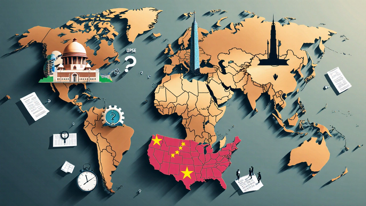 World map collage showing icons for UPSC, IIT JEE, Gaokao, USMLE, CFA, Bar and CPA exams.