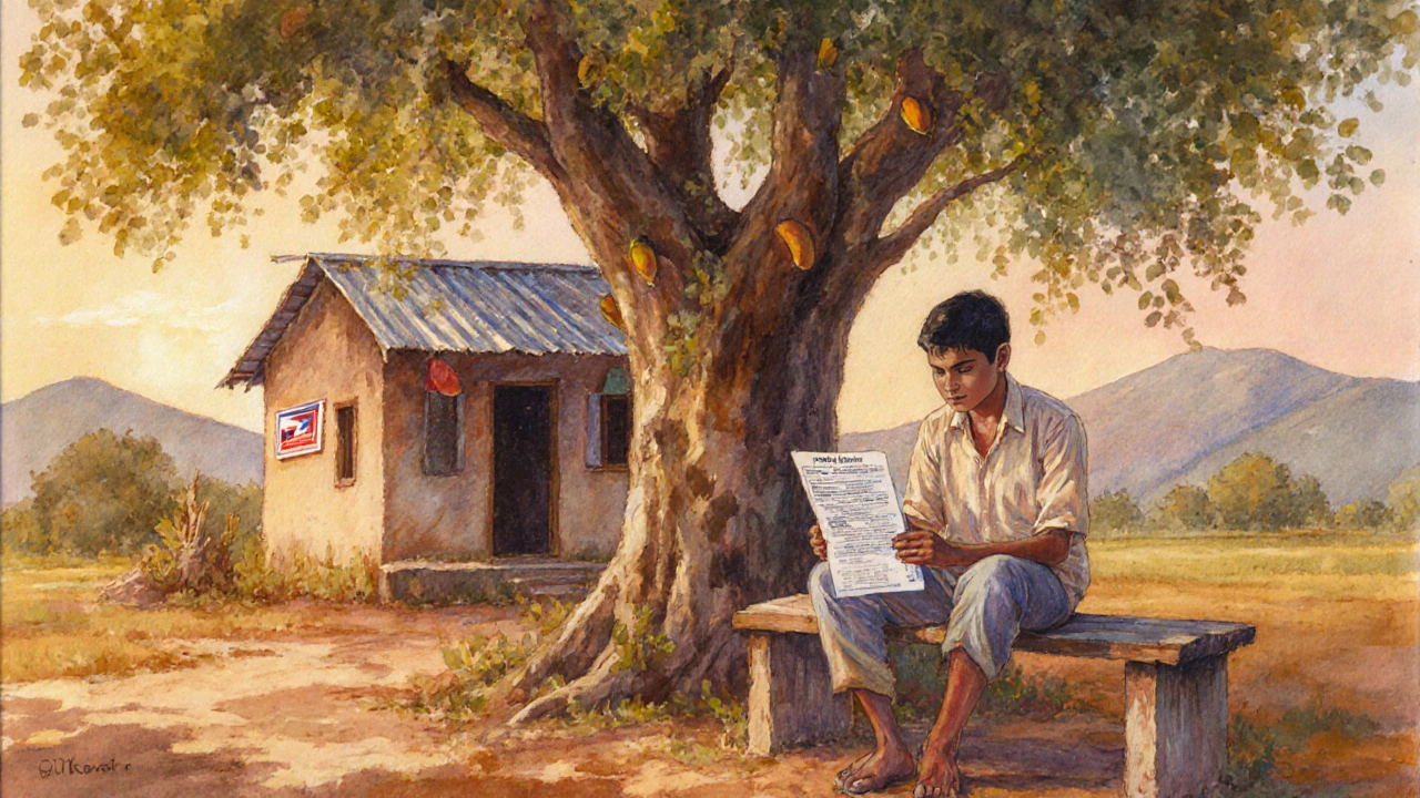 Young applicant reviewing a job notice under a tree in a remote village.